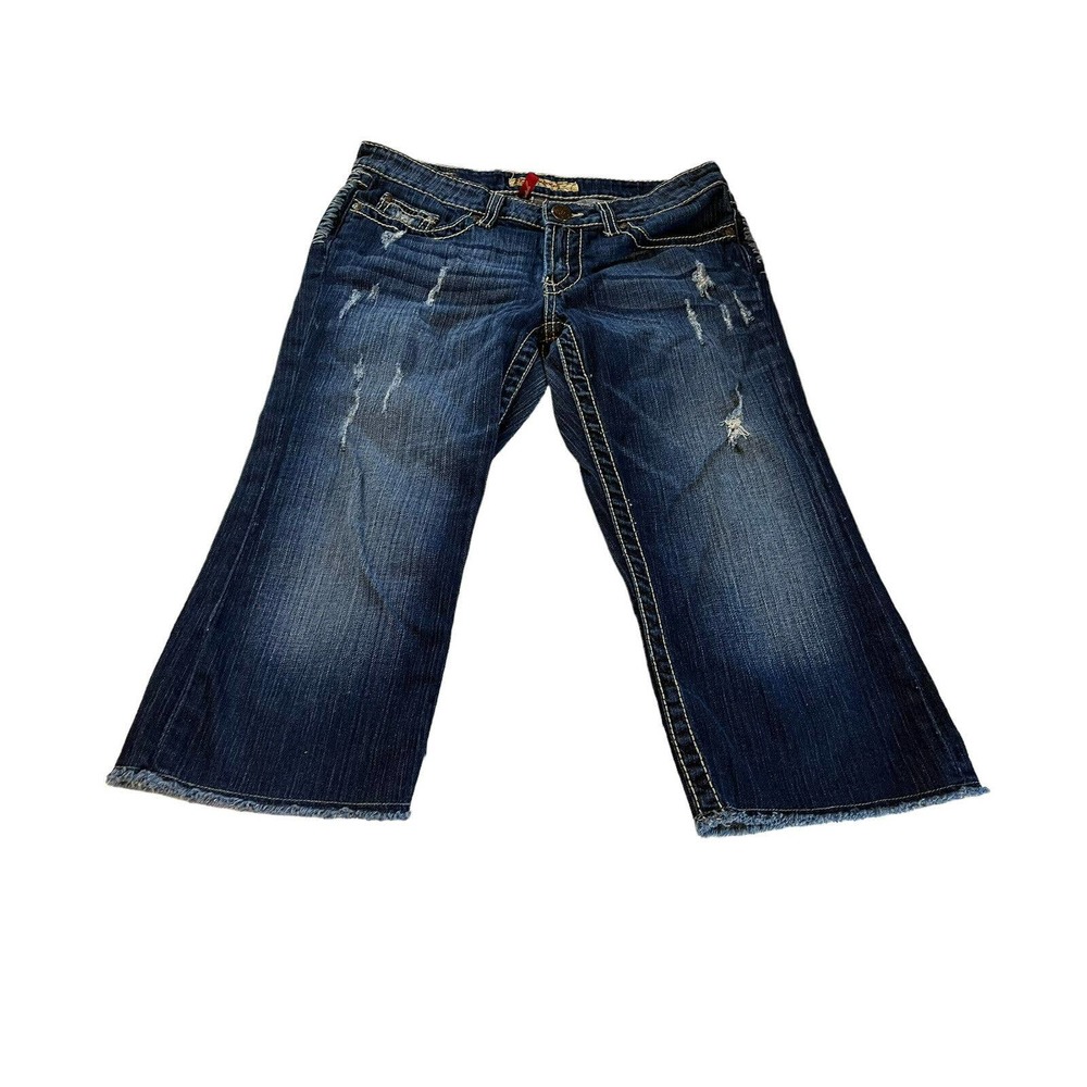Bke Madison Flap Pocket Stretch Jean Raw Hem Capri 28 Distressed Dark Wash